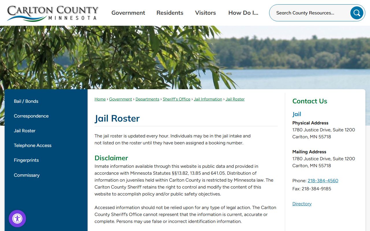 Carlton County Jail official roster page